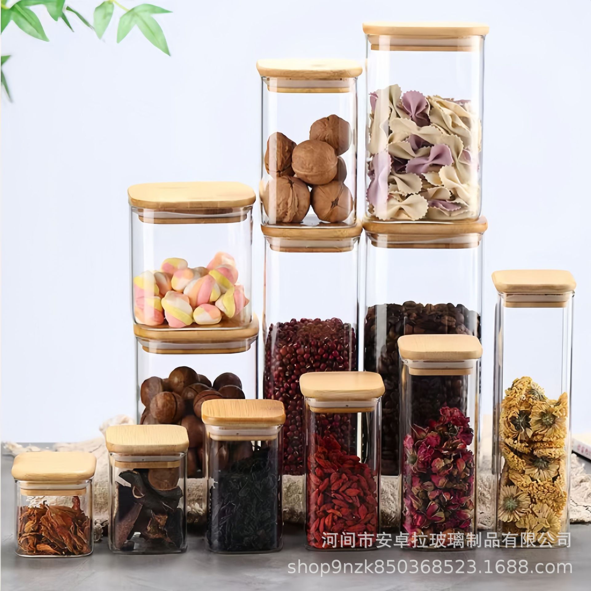 Factory direct supply glass storage jars, square kitchen five-grain storage jars, bamboo and wood LIDS, sealed tea jars Specification drawing