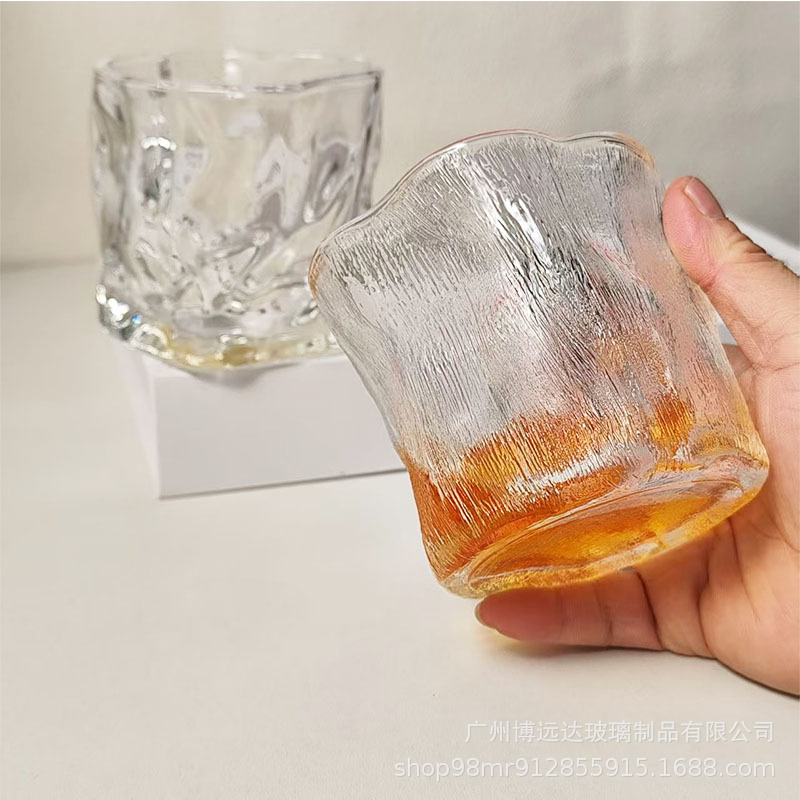 Japanese frosted high-end twist cup, glacier pattern glass cup, home drinking cup, coffee cup, whisky glass Application Scenario