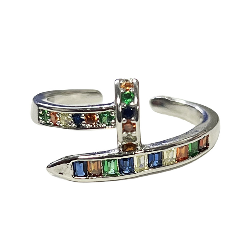 Sweet and cool rainbow diamond geometric opening ring for women, irregular, exquisite, fashionable and versatile index finger ring, with a niche design sense Item Picture