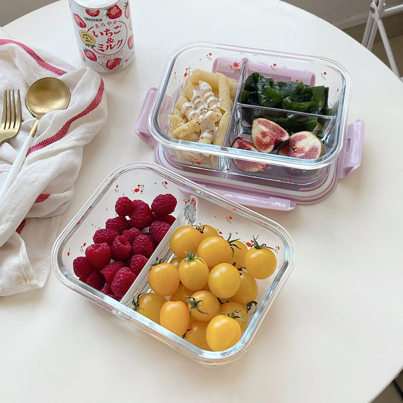 Rectangular glass lunch box, girlish fresh-keeping bowl, bento box with covered bowl, microwave oven heating tape, rice fresh-keeping box full figure