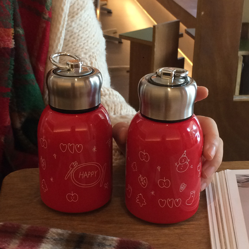 New Year and Christmas high-end red mini insulated cup, heart-shaped snowman graffiti stainless steel water cup, travel cup Specification drawing