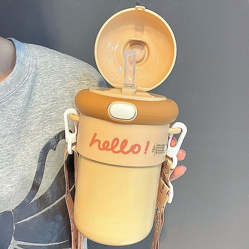 Double-layer portable water cup for girls, heat-insulating glass cup, cute cartoon straw cup, large-capacity carrying office cup Specification drawing