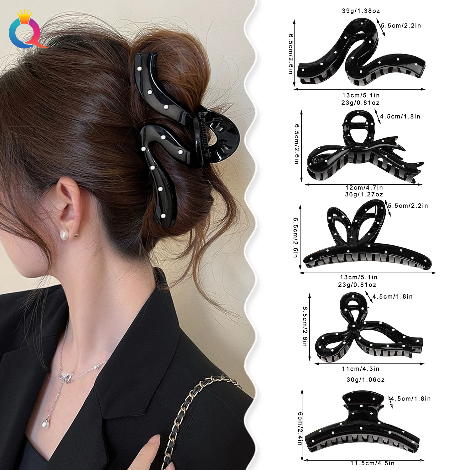 Wholesale of Qiyue cute polka dot hair clips for women with multiple hair sizes, large updo hair clips, and high-end shark hair clips details Picture