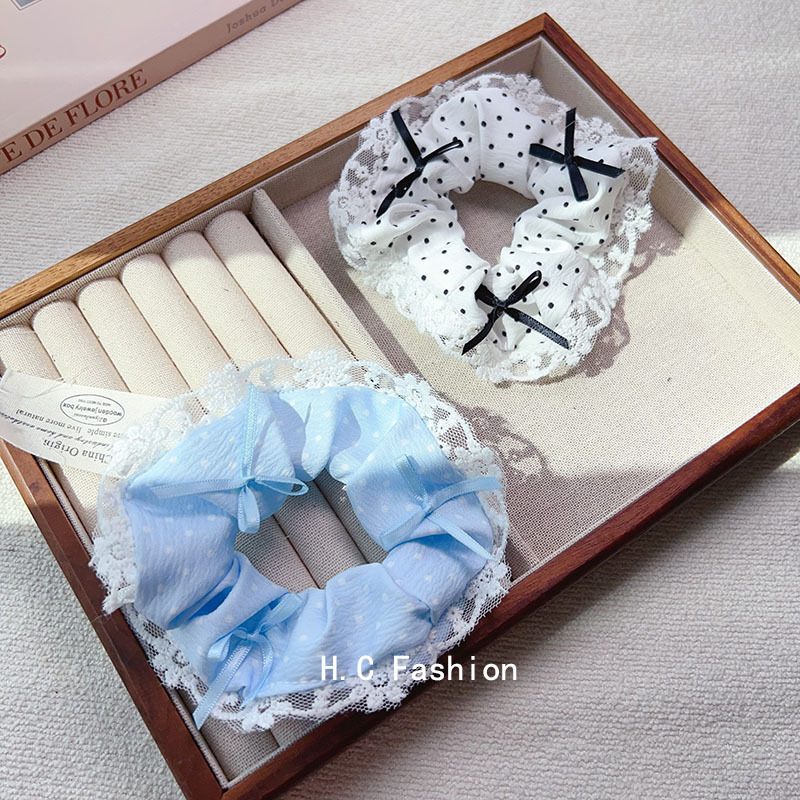 Korean-style cream polka dot large intestine hair band, lace ribbon, bow, lace headband, hair tie, ballet girl hair accessory full figure