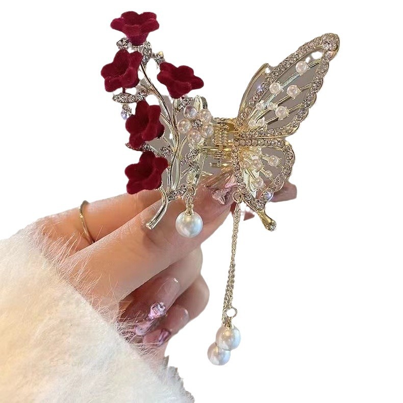 New Chinese-style step, tassel, lily of the valley, double butterfly hairpin, super fairy, back of the head, claw, shark clip headwear Item Picture