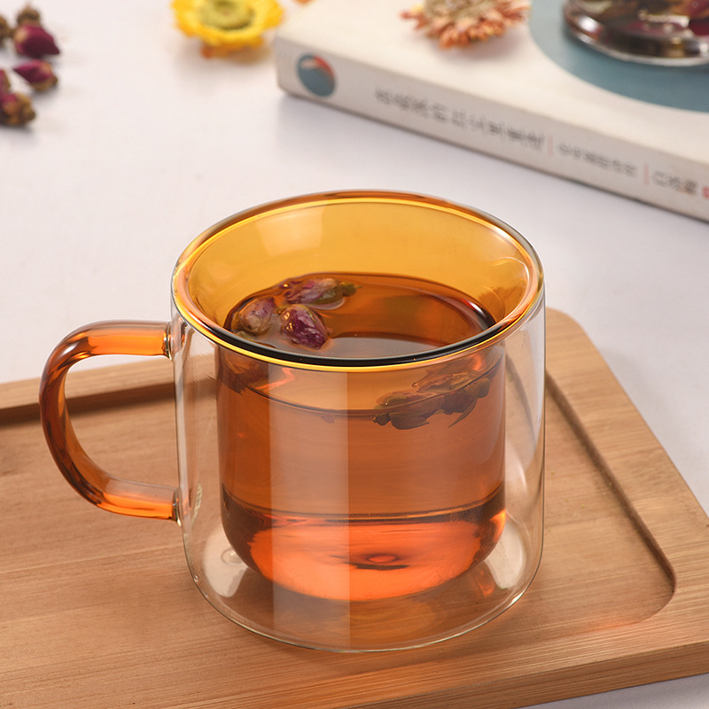 High borosilicate glass water cup with handle, high appearance level, colored cup, high-temperature resistant, double-layer heat-insulating coffee cup Specification drawing