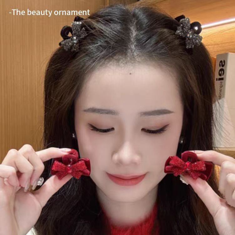 Flocked rhinestone bow, small scratch-shaped hairpin for women, New Year red hair clip, niche hair accessory, high-end, small chanel-style side clip Specification drawing