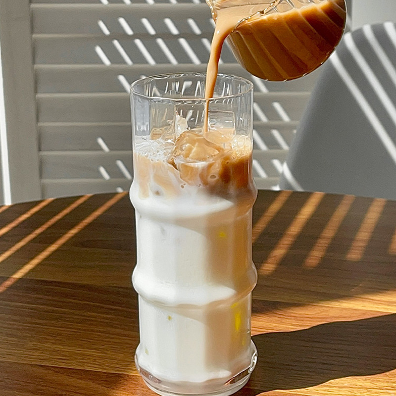 Latte coffee cup, InS-style bamboo joint glass water cup, transparent home iced American latte cup, juice drink cup Application Scenario