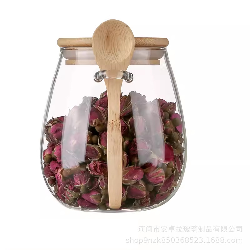 Customized large-capacity glass storage jars with LIDS, spoons, household five-grain storage, flower and tea jars, seasoning jars Item Picture