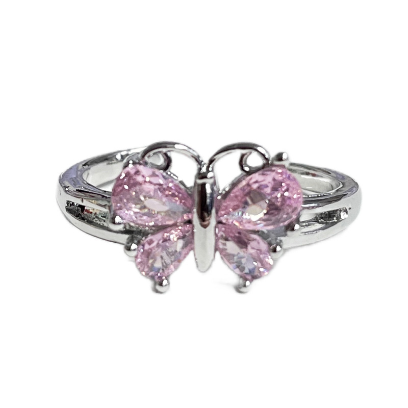 Sweet and cool, simple pink diamond butterfly opening ring, a niche design for women, exquisite and fashionable, individualistic ring for hot girls Item Picture
