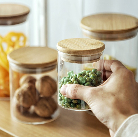 Glass sealed jar, bamboo lid, tea jar, medicinal herb flower tea, dried fruit snack storage jar, kitchen storage bottle, large size full figure