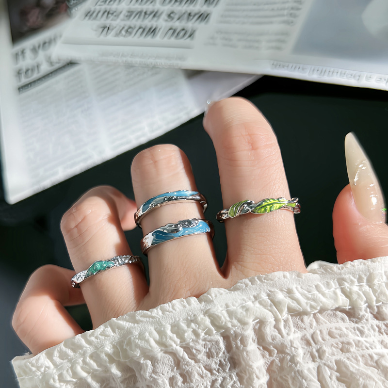 Minimalist sea blue drip glaze personalized open ring, niche irregular texture, cold style fashionable couple ring details Picture