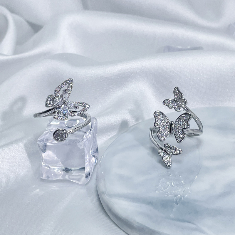 A light luxury and high-end butterfly full diamond zircon fashionable open ring, a simple and individual sweet and cool cold style index finger ring for women Specification drawing