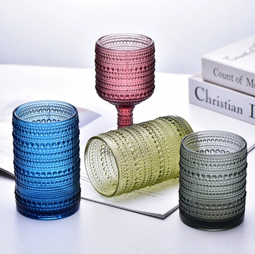Colorful beaded glass cups, drinking cups, hotel mouthwash cups, retro embossed washbasin cups, juice cups, factory direct sales details Picture