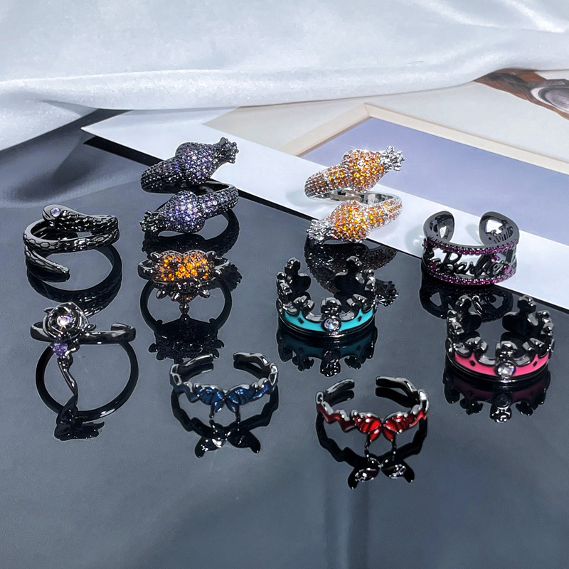 Dark European and American style, sweet and cool butterfly crown open ring, women's Instagram cold style, hot girl index finger ring full figure
