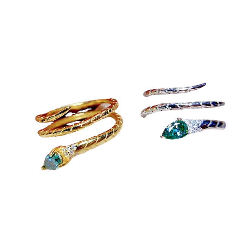 A light luxury waterdrop green zircon snake-shaped opening ring for women on Instagram, simple, fashionable and individual, wrapped snake food ring Item Picture