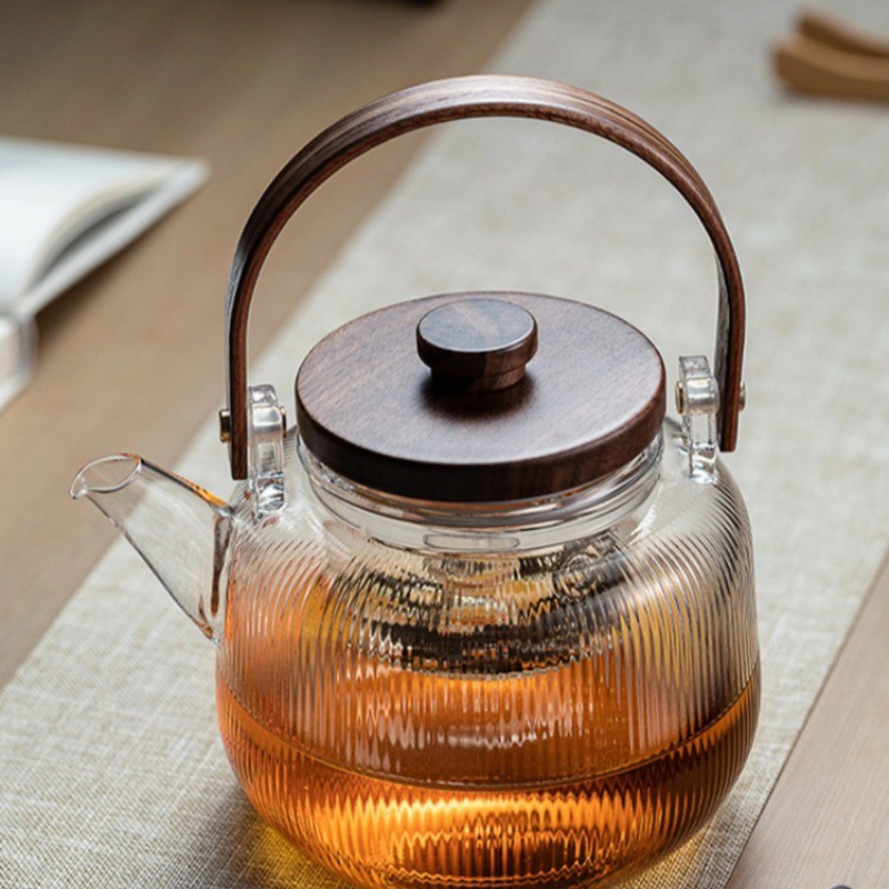 High-temperature resistant flower and plant teapot set, fruit boiling teapot, household steaming and boiling integrated wooden handle, glass vertical grain brewing teapot full figure