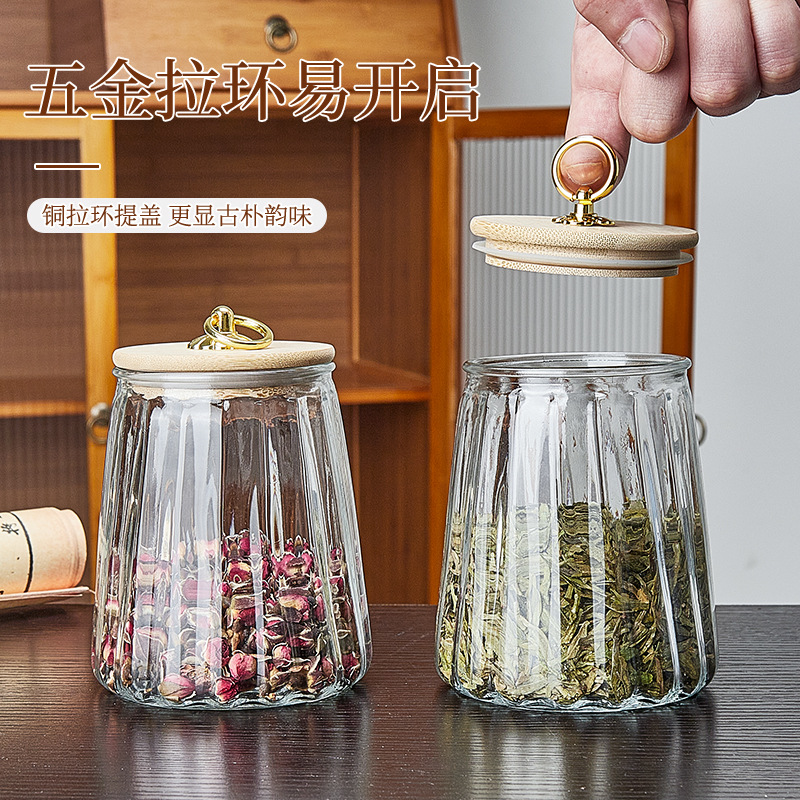 Household vertical pattern transparent heat-resistant tape lid sealed glass tea canister, snack storage box, flower tea and sugar canister details Picture
