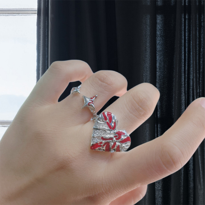 Irregular-textured red heart-shaped glazed open ring for women on Instagram, a cool and fashionable, individual and trendy food ring full figure