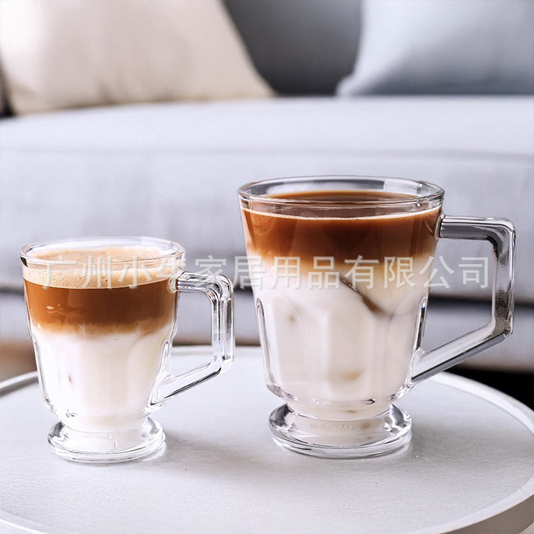 American layered iced coffee cup, classic cold brew latte, glass cup with handle, afternoon small handle cup, tea cup, water cup Specification drawing