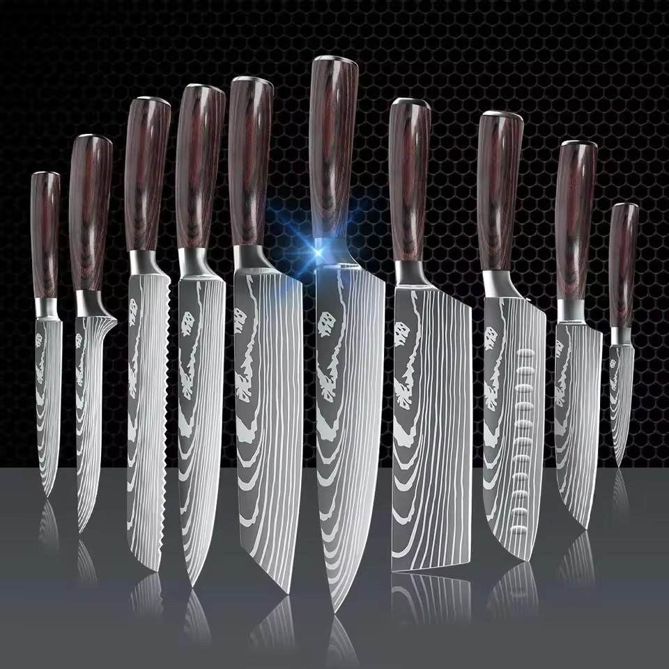 Cross-border Damascus knife pattern chef knife, fruit knife, stainless steel knife set, Japanese knife, Santoku knife, kitchen knife full figure