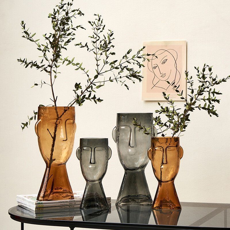 European-style simple face glass vase, hydroponic and hydroponic fresh flowers, green plants and dried flowers, creative countertop decoration for living room home full figure