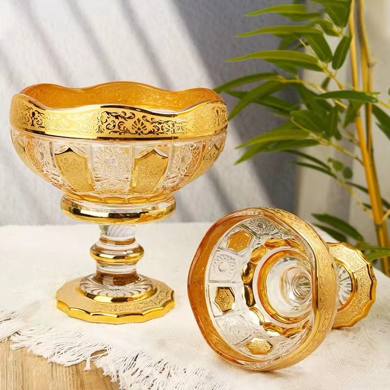 High-end furniture for foreign trade, Middle Eastern gold-plated glass fruit platters, direct supply from half-flower manufacturers, fruit doubo, high-legged fruit baskets for hotels full figure