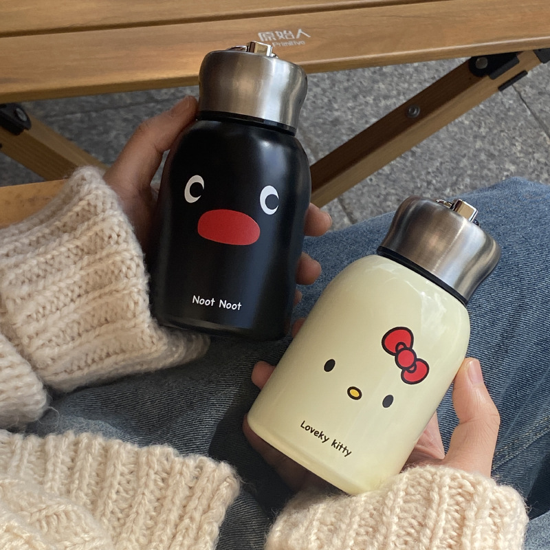 Cartoon kt Penguin stainless steel insulated cup, black mini portable cold preservation cup, cute and small pocket cup details Picture