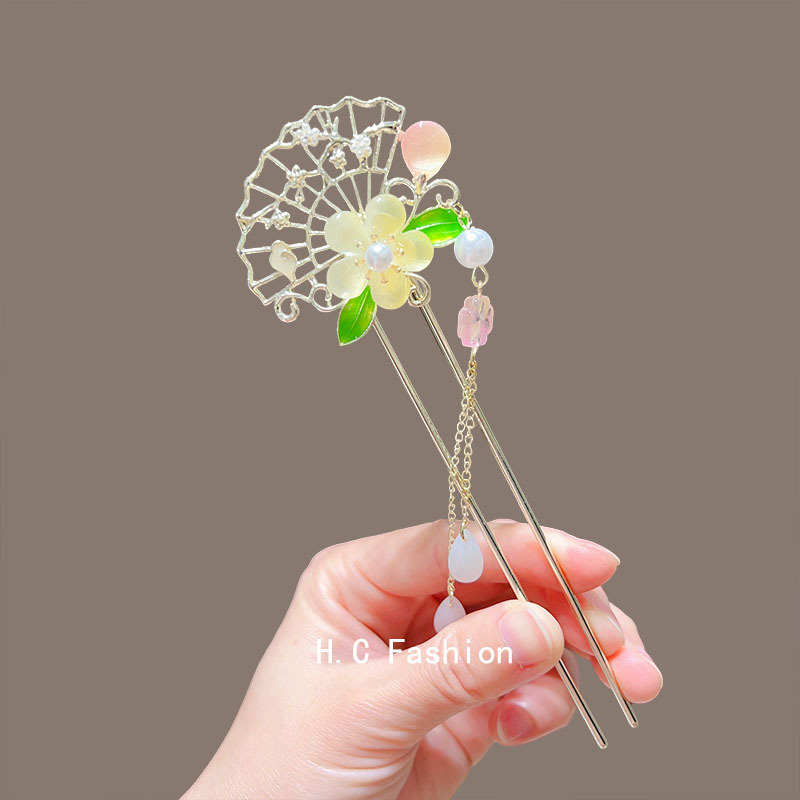 New Chinese-style high-end hairpins and hair accessories, sweet ancient Chinese style, super fairy-like forest-themed flower tassel hairpins, hairpins and headwear Specification drawing