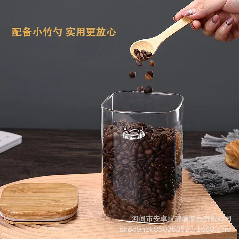 Factory wholesale square glass sealed jars with spoons, storage jars, seasoning jars, food and dried fruit storage jars, tea jars Application Scenario