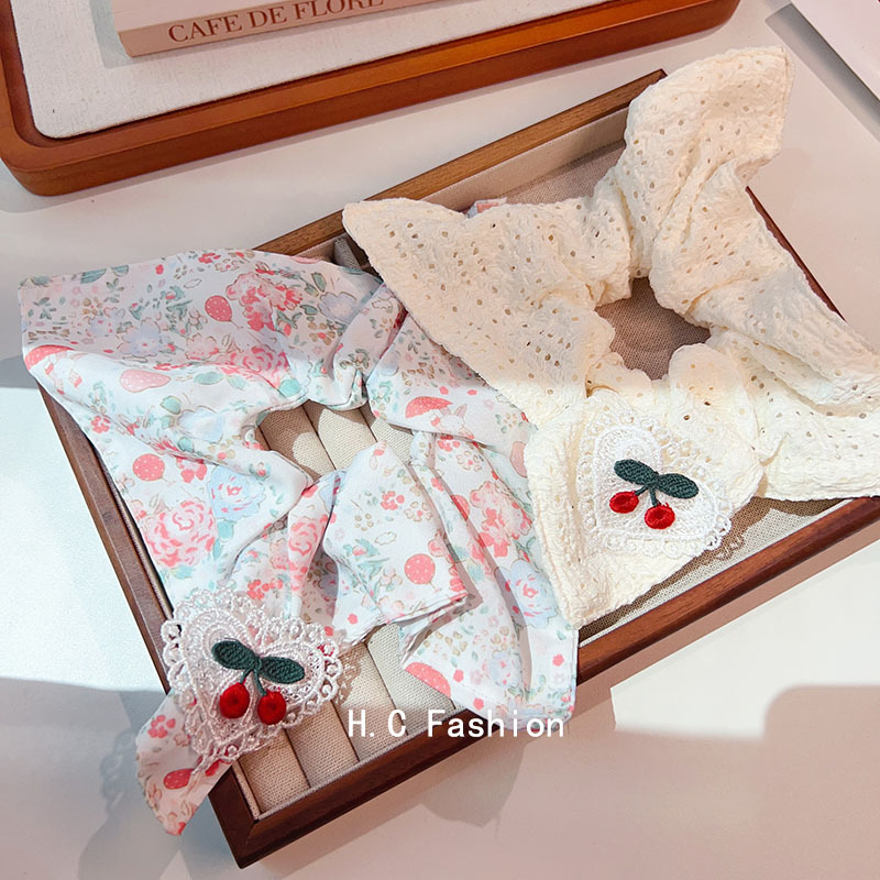 Large Intestine hair band 2025, cute cherry white square scarf, sweet hair flower, girlish polka dot hair tie, trendy hair accessory full figure