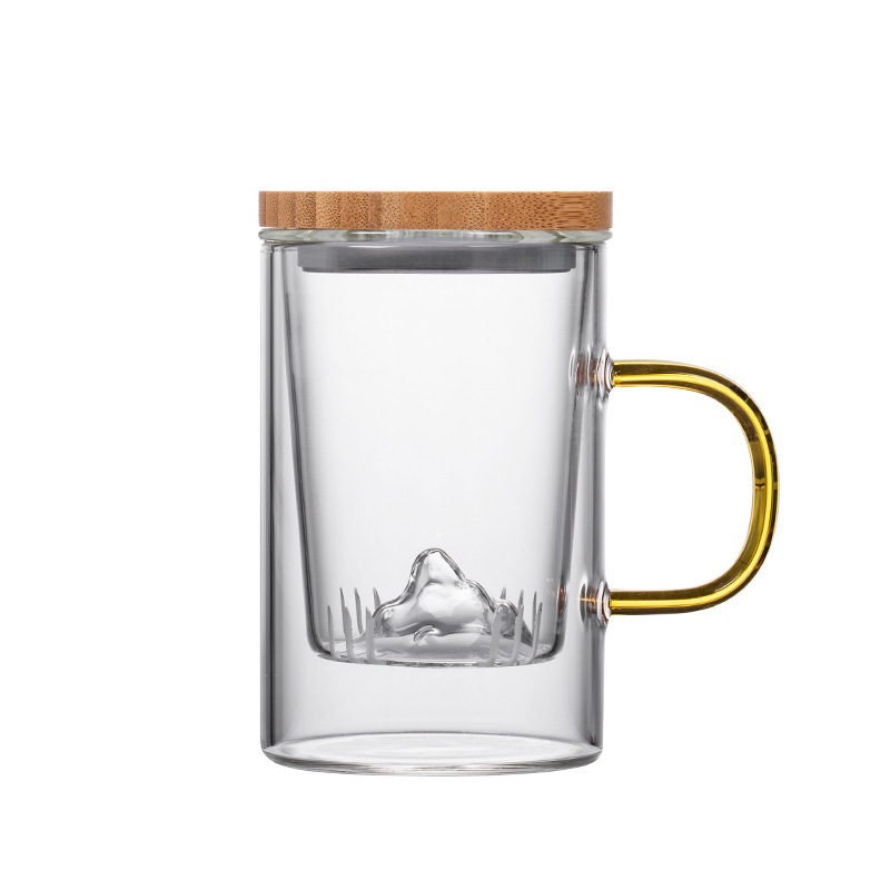 Tea-water separation cup, thickened glass tea-brewing cup, creative mountain-viewing cup, bamboo-covered office cup, filtering three-piece cup, glass cup Item Picture