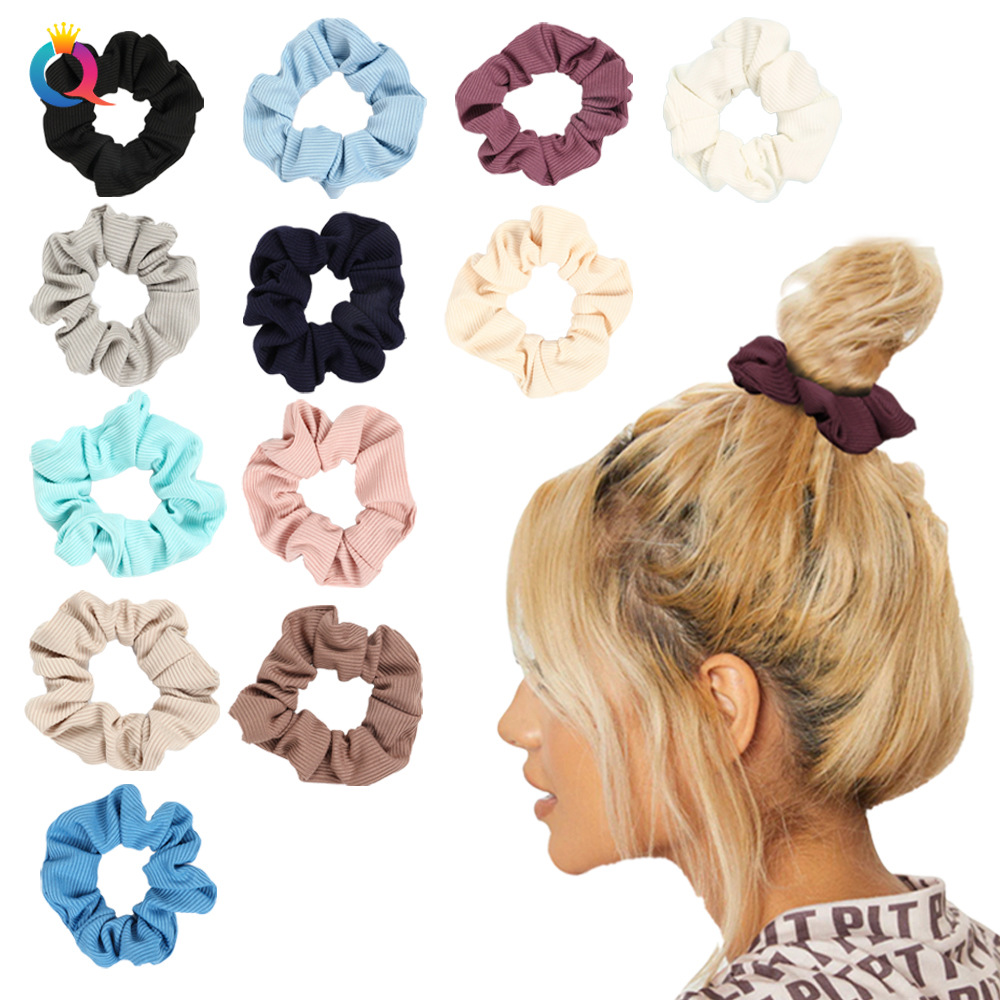 Qiyue Cross-border Amazon striped knitted large Intestine Hair Band Solid Color Simple small pit strip ponytail large Intestine Band wholesale full figure