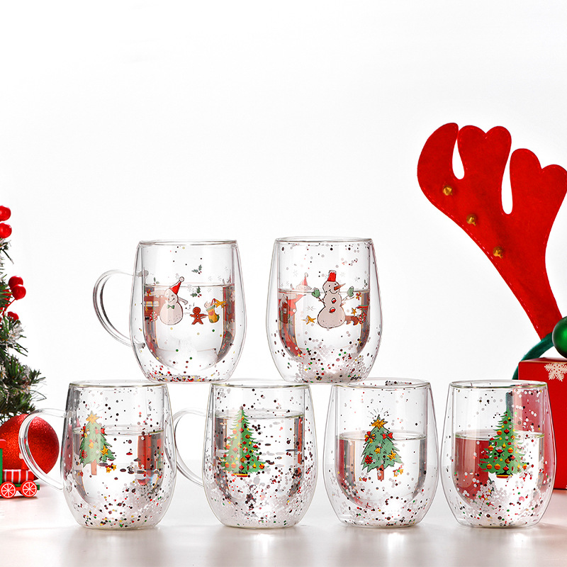 New high borosilicate double-layer insulated glass cup with Christmas cartoon pattern and sequined water cup, high-temperature resistant gift customization details Picture