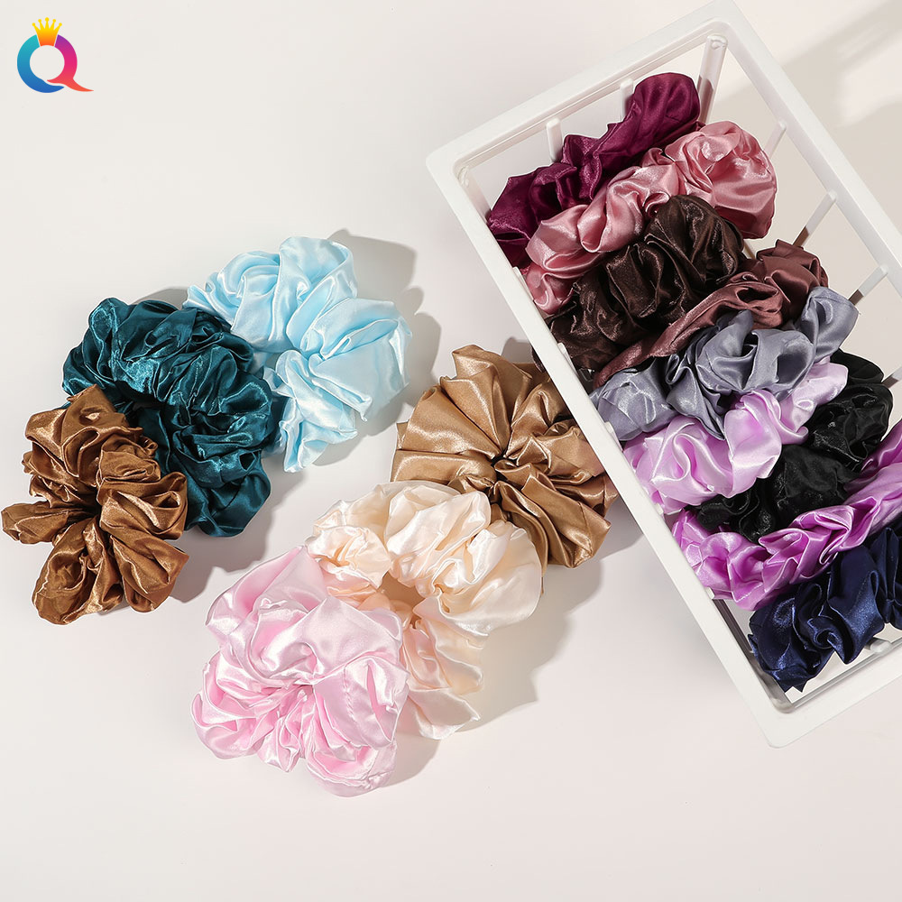Qiyue European and American Cross-border Fashion colorful Large Intestine Hair Band, solid color Ding, versatile ponytail hair band, hair rope, OL hair accessory for women details Picture