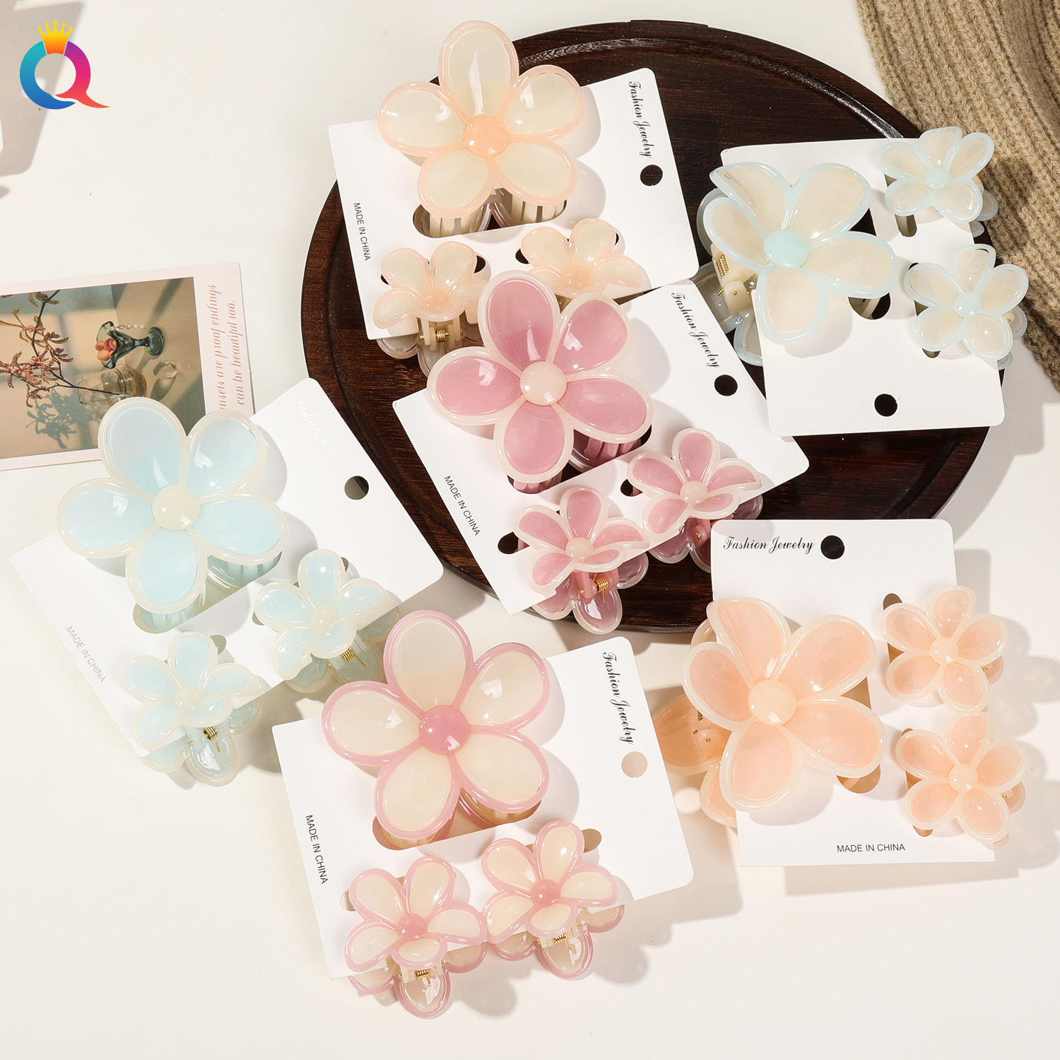 Qiyue Jelly Five-petal flower frangipani Grab Clip, Vacation bestseller Side grab hair clip, back head updo Shark clip Hair accessory full figure