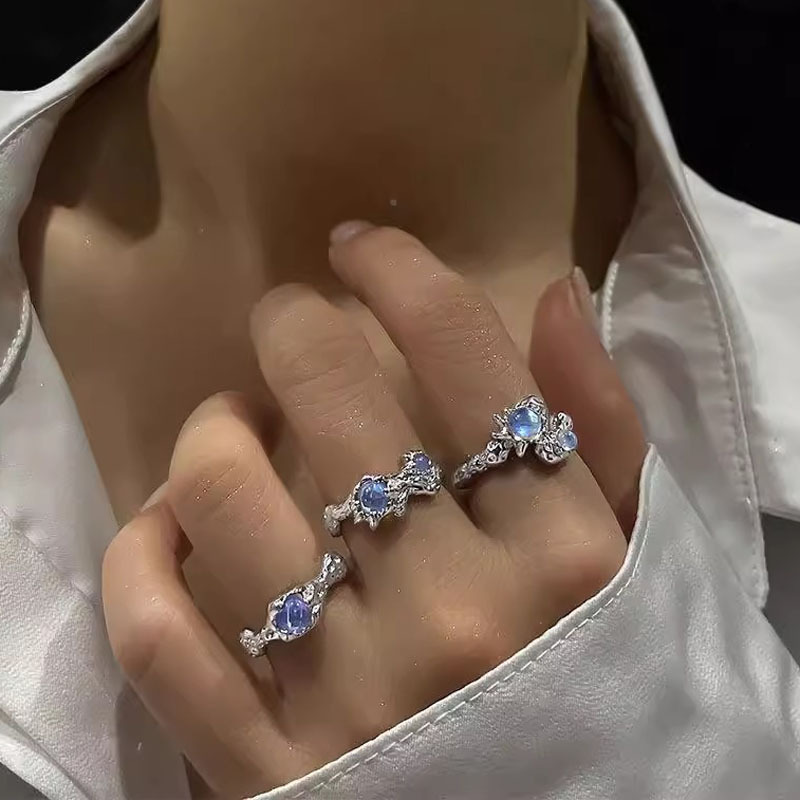 Irregular lava texture moonstone open ring for women, cool and trendy on Instagram, with a cold style and fashionable personality full figure
