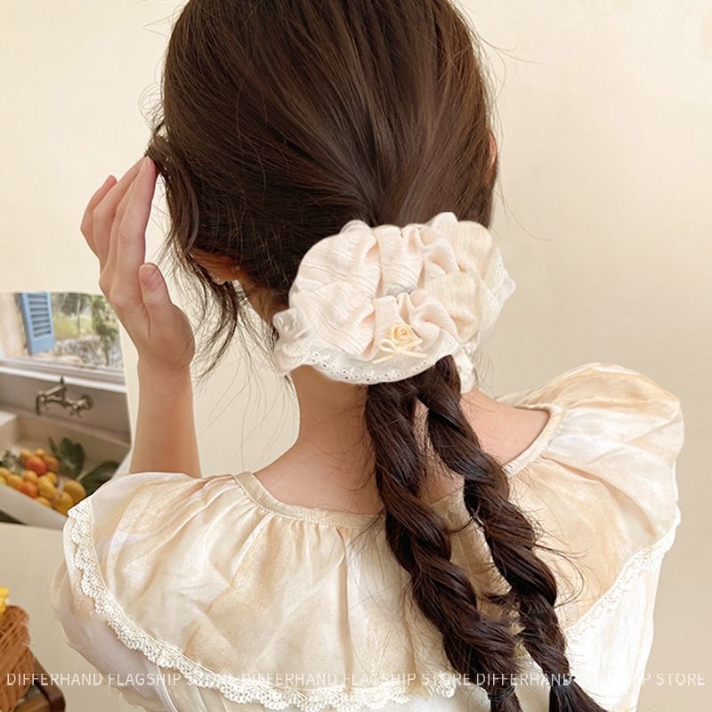 Maillard brown lace bow large intestine hair band for women's high-end look, large low ponytail hair accessory, hair tie and leather band Specification drawing