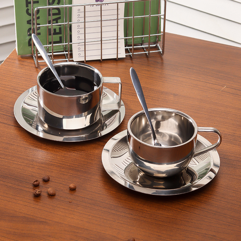 304 stainless steel Milan-style coffee cup set, double-layer cup, restaurant tea cup, industrial-style milk cup, three-piece set full figure