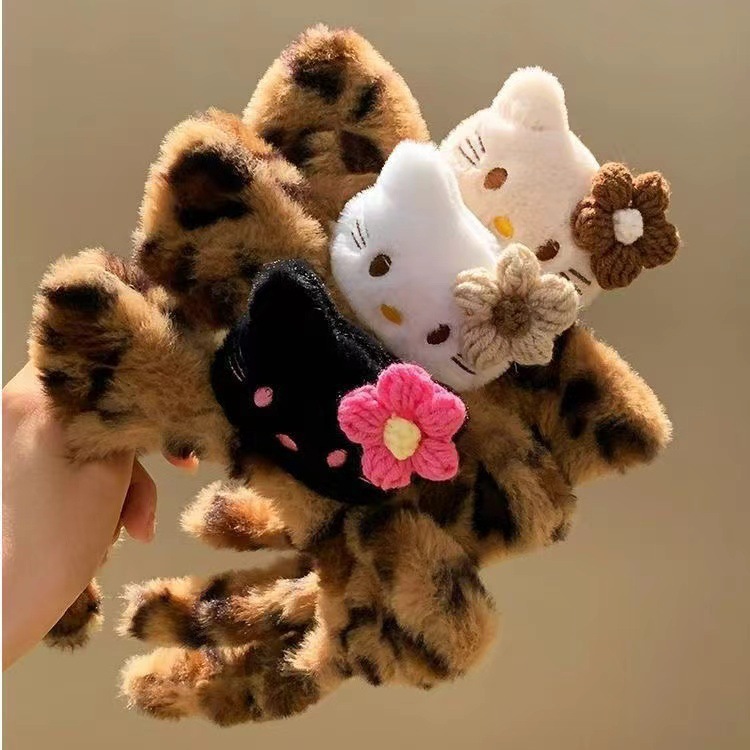Cute cat sauce ~ Black Kitty cat ears, leopard print plush hair band, women's face wash makeup headband, cartoon hair accessory details Picture