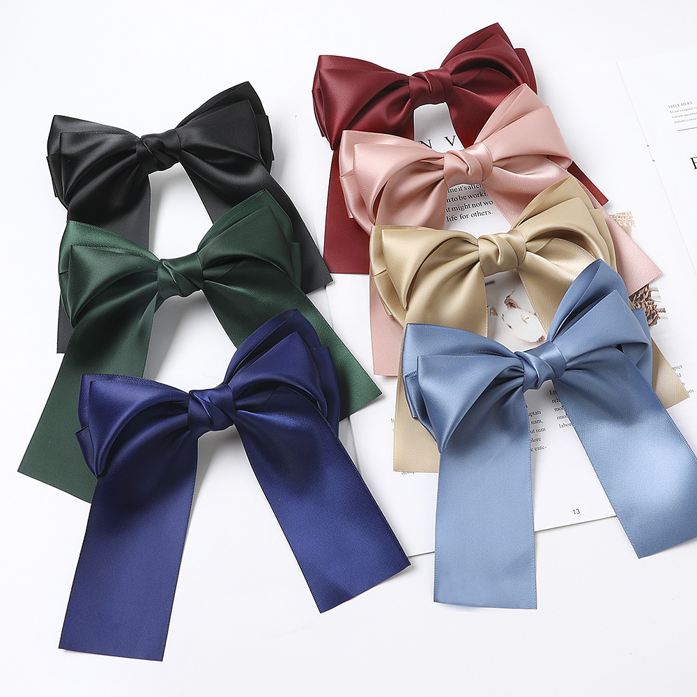 Qiyue European and American three-layer satin fabric color ding double-sided spring clip long ribbon ribbon bow hair clip C195 full figure