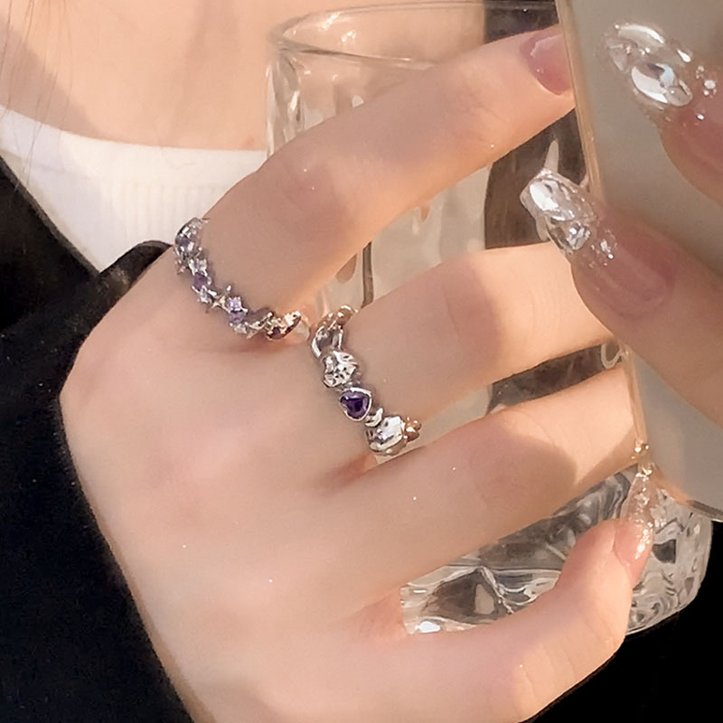 Purple diamond zircon heart-shaped opening ring, a niche design for women, with an InS-style light luxury and high-end feel, a new trendy index finger ring details Picture