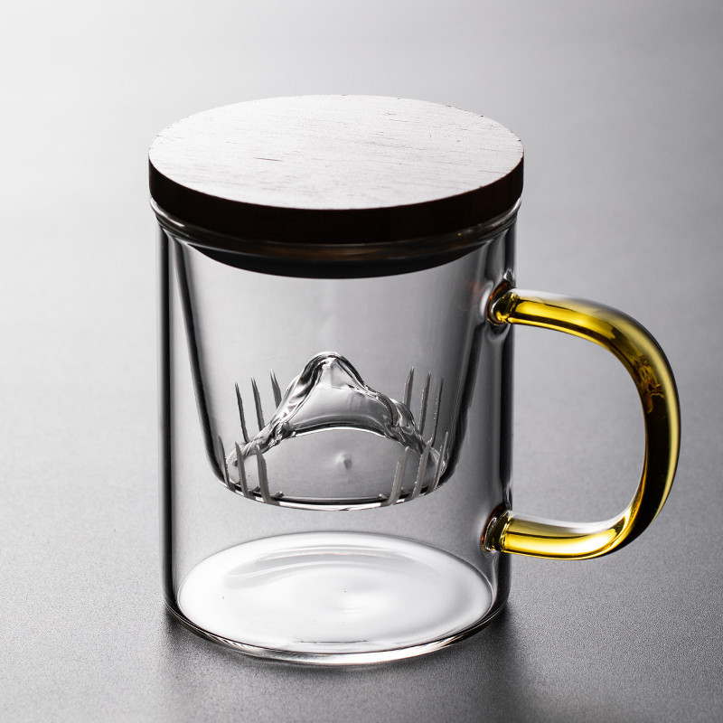 Tea-water separation cup, thickened glass tea-brewing cup, creative mountain-viewing cup, bamboo-covered office cup, filtering three-piece cup, glass cup details Picture