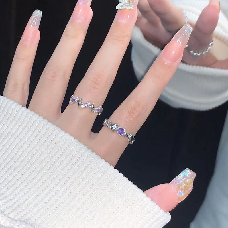 Dreamy starry sky Open ring for women, sweet and cool style, niche design, light luxury heart-shaped four-pointed star personalized food ring Specification drawing