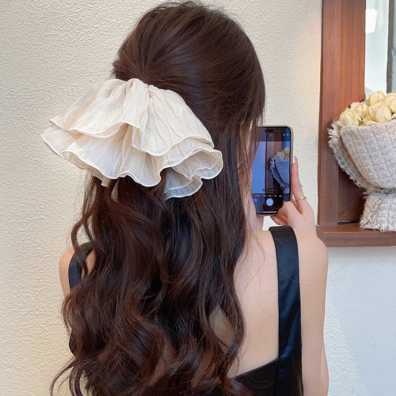 Korean version super fairy mesh pleated pearl oversized large intestine hair band 2025 new style hair tie headband, high-end hair accessory full figure
