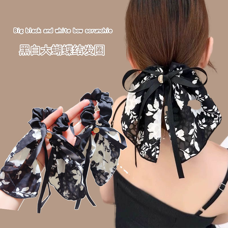 Retro printed bow hair accessory, ink-wash skirt hem, hair band, leather band, hair tie, French elegant hair tie ribbon full figure