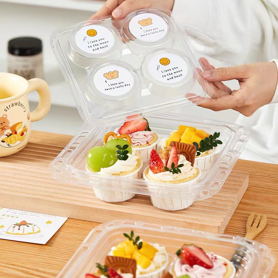 Cupcake packaging box, 4-piece tray, cream cups, plate tarts, hand-held transparent box, dessert baking packing box Application Scenario