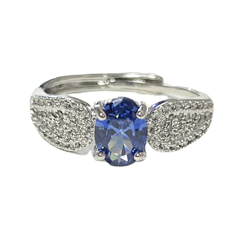 New egg-shaped fashionable blue zircon open ring for women with micro-setting, light luxury and niche design, high-end retro index finger ring Item Picture