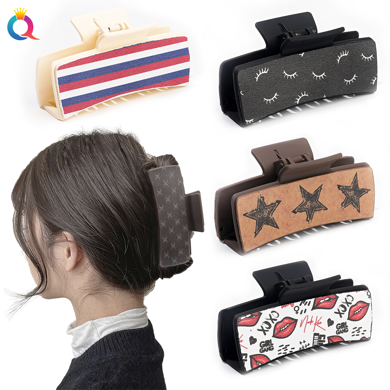Qiyue Cross-border PU Shark Clip, leather hair clip, Amazon vintage square clip, updo, grab clip, women's hair accessory wholesale full figure