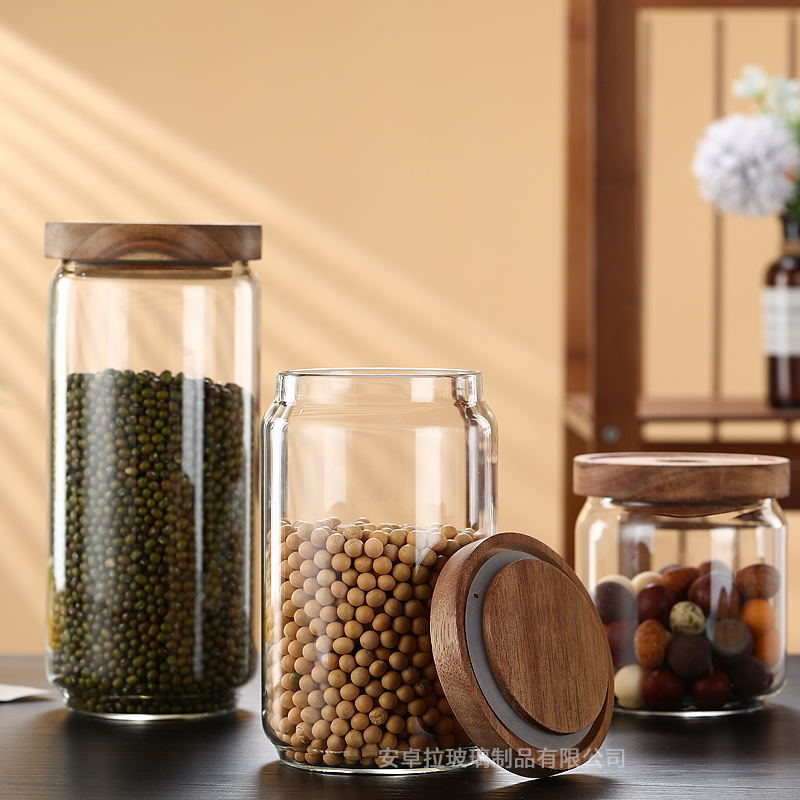 Cross-border best-selling Xiangsi wood high borosilicate glass storage jars, transparent glass jars for grains, storage bottles, and tea sealed jars Specification drawing